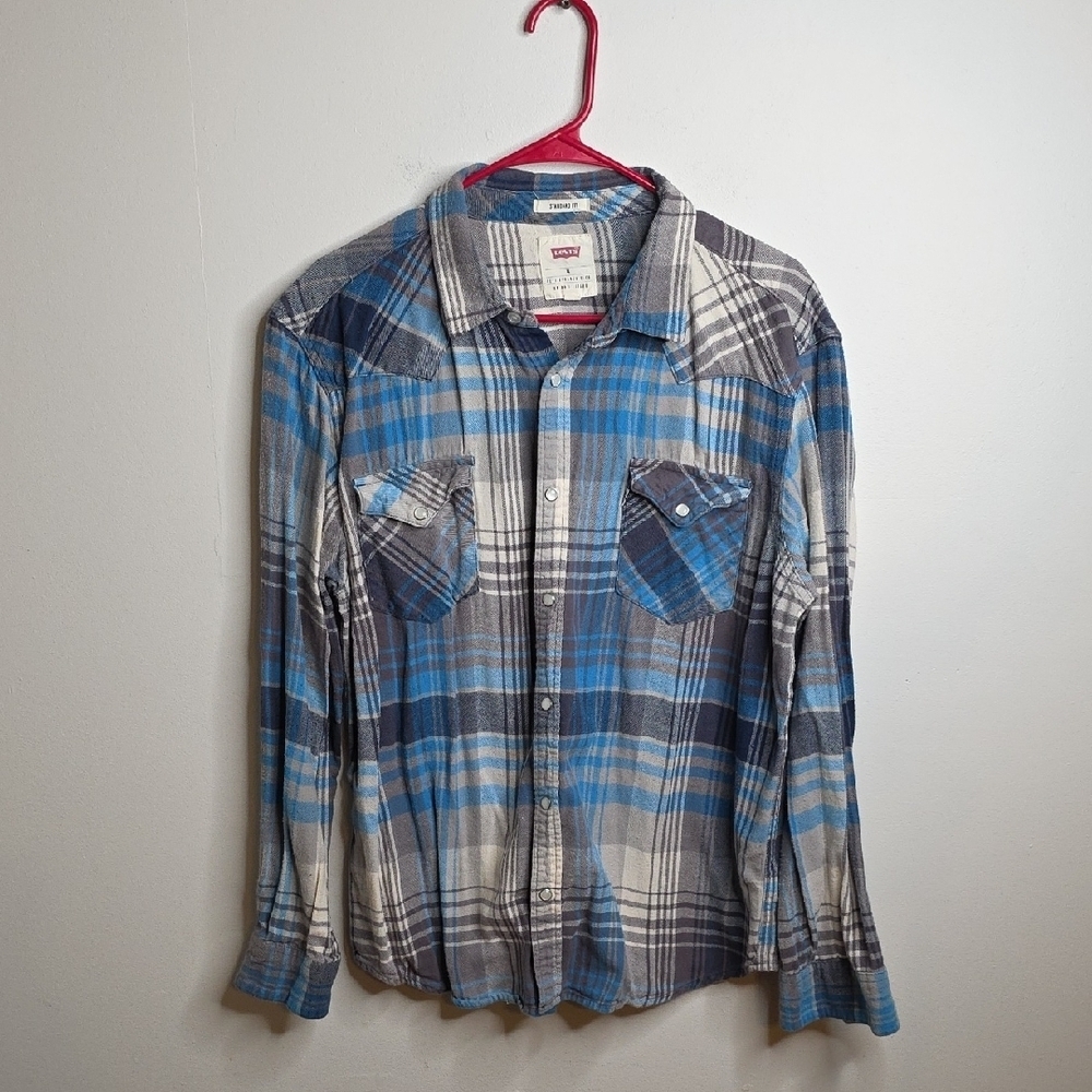 Levi's Men's Blue Plaid Pearlsnap Shirt Sz XL